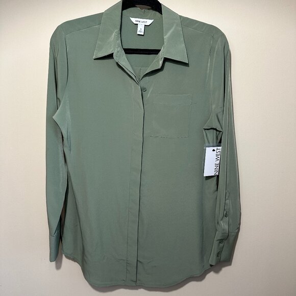 Women's Nine West Drapey Button Down Shirt Color: Camden Green, Small NWT - Picture 2 of 10
